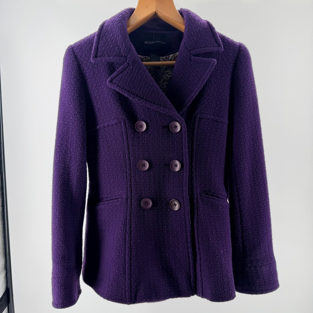 Moda International Purple Wool Blend Pea Coat Floral Lining -Small